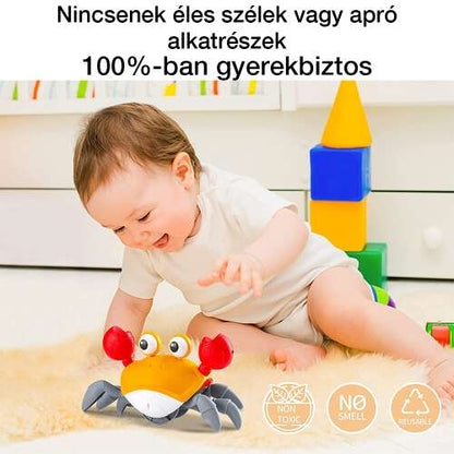 interaktív rák babajáték, baba melletti használati jelenettel és biztonsági ikonokkal