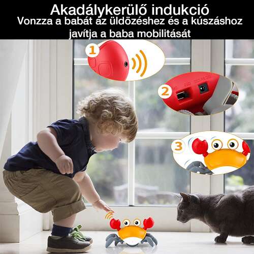 interaktív rák babajáték, akadálykerülő érzékelést bemutató gyermekes jelenetben