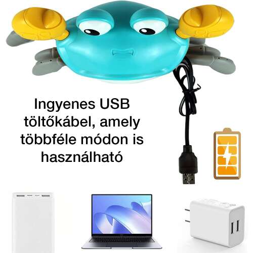 interaktív rák babajáték, USB töltőkábellel és több töltési lehetőséggel