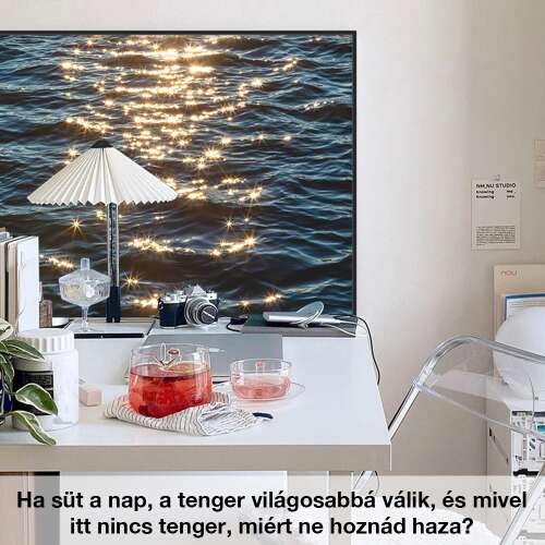 3D homokfestmény, tengeri napfény motívummal éjjeliszekrény fölött