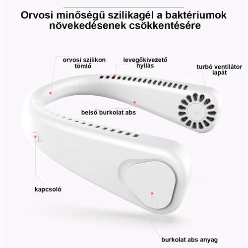 hordozható nyakventilátor, szilikon nyakrész, légnyílás és kapcsoló részletekkel