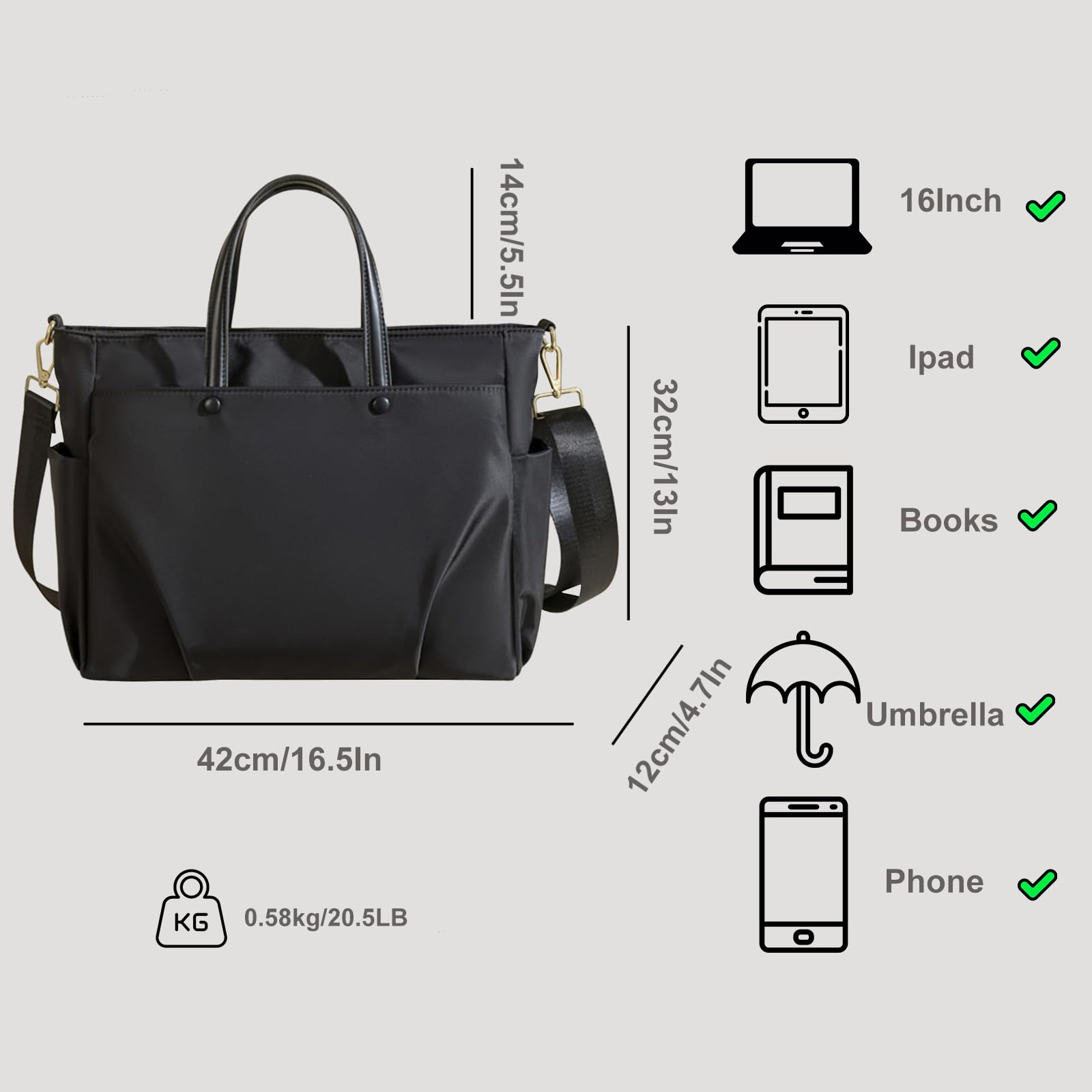 fekete vízlepergető laptop válltáska méretábrán, 42 x 32 x 12 cm jelöléssel