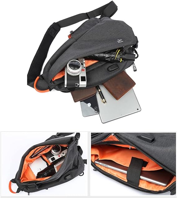 szürke-fekete USB sport sling táska nyitott kapacitásábrán, tablettel és belső zsebbel