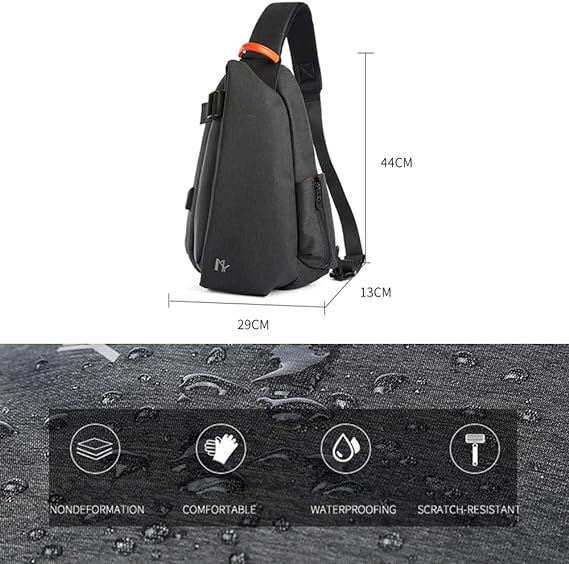 szürke-fekete USB sport sling táska méret- és anyagábrán, 48 x 25 x 13 cm jelöléssel