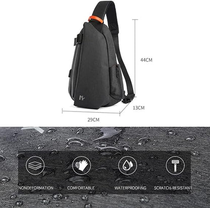 szürke-fekete USB sport sling táska méret- és anyagábrán, 48 x 25 x 13 cm jelöléssel