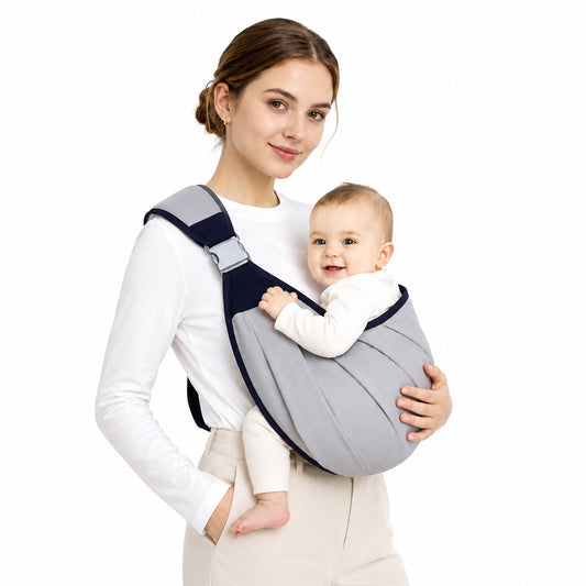 Dollcini baba hordozókendő, szürke, 20 kg-ig, elöl hordozott babával