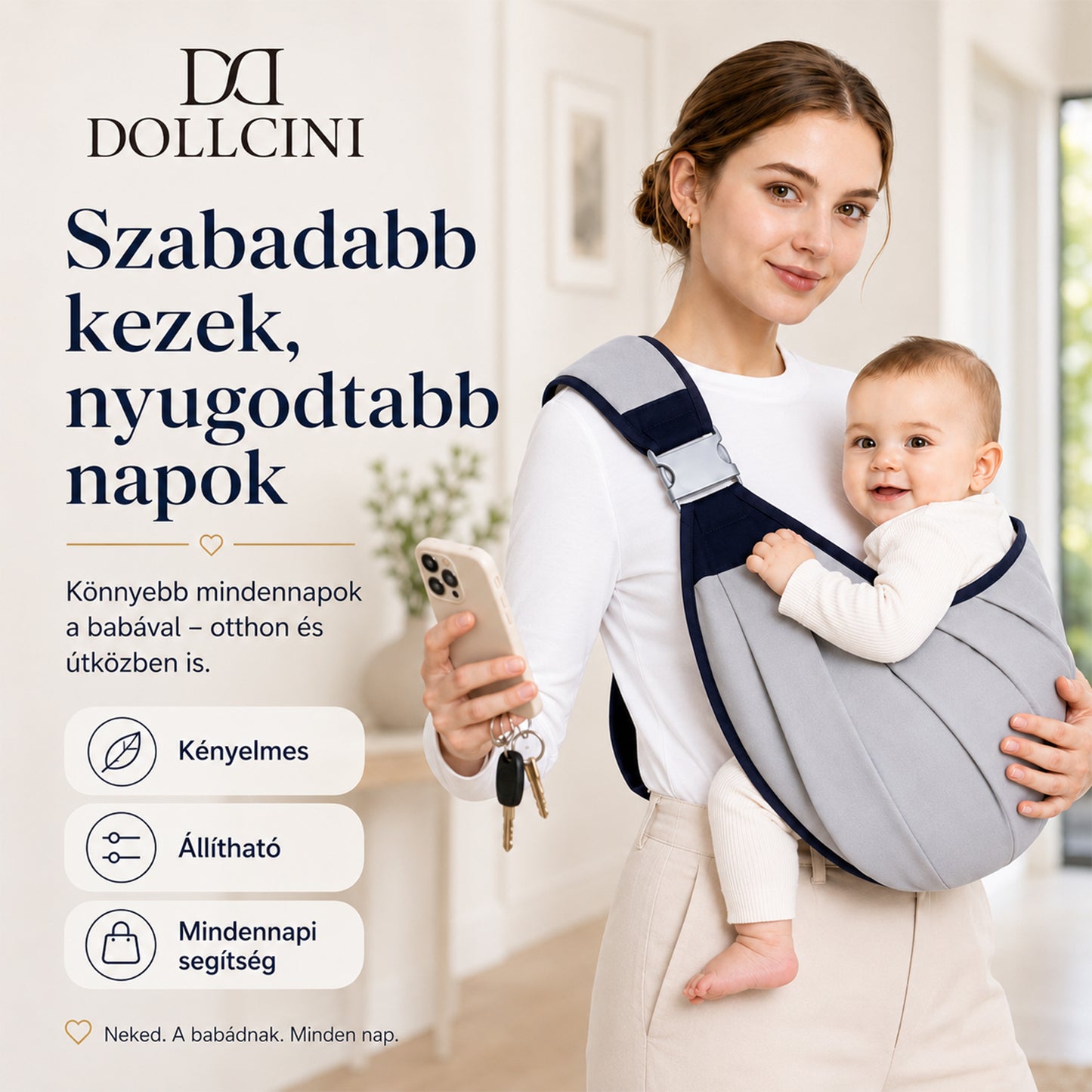 baba hordozókendő, szürke, szabad kezes használatot bemutató életképen