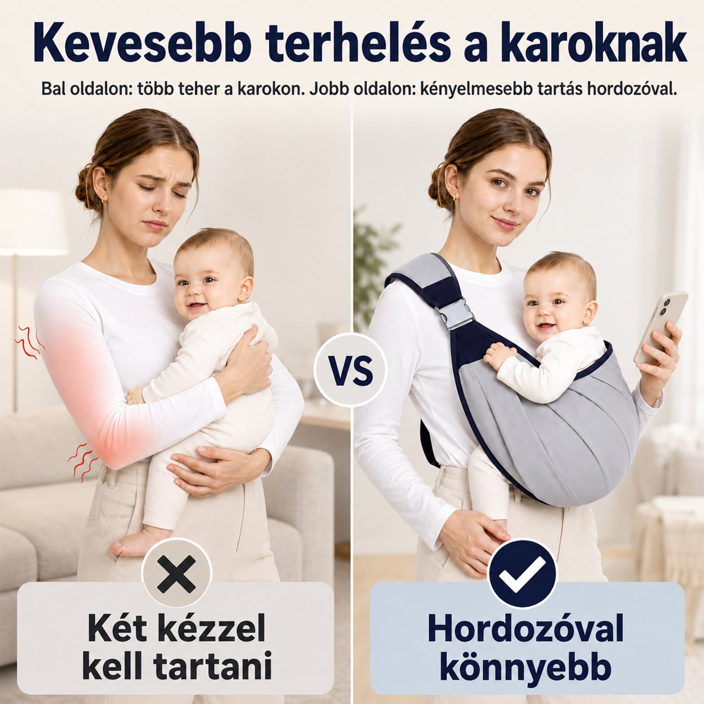 baba hordozókendő, karteher csökkentését bemutató összehasonlító kép