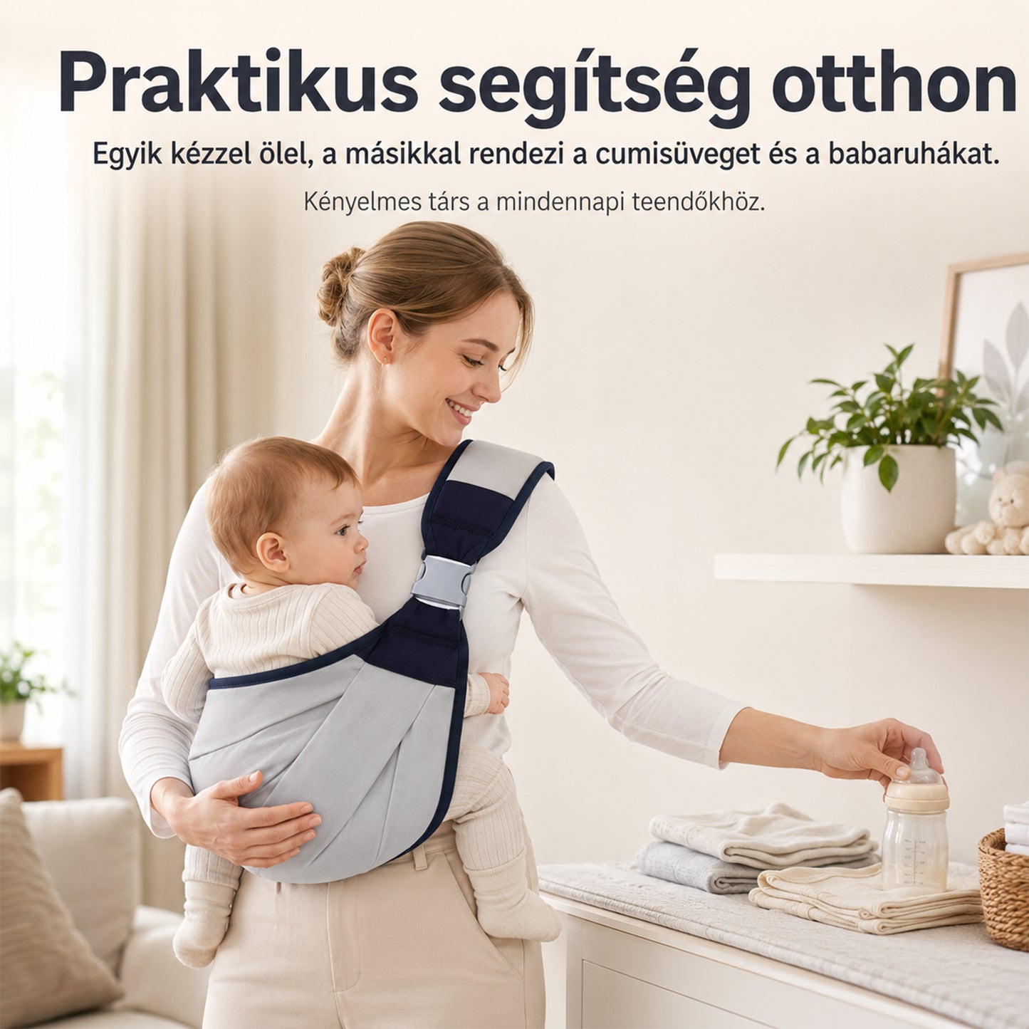 baba hordozókendő, otthoni használati jelenet babával