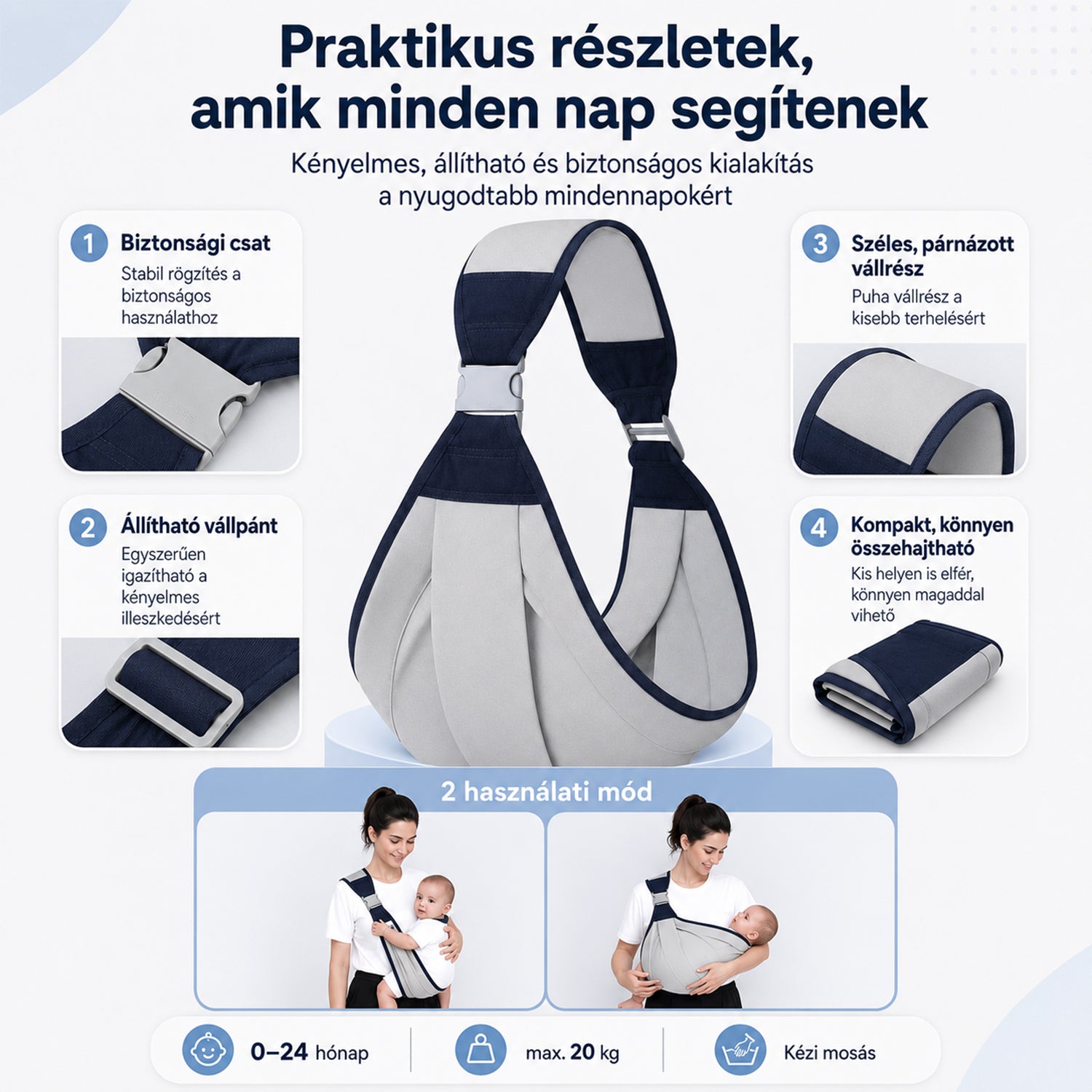 baba hordozókendő, biztonsági csat és állítható vállpánt részletekkel
