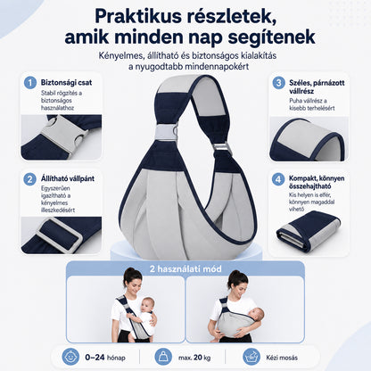 baba hordozókendő, biztonsági csat és állítható vállpánt részletekkel
