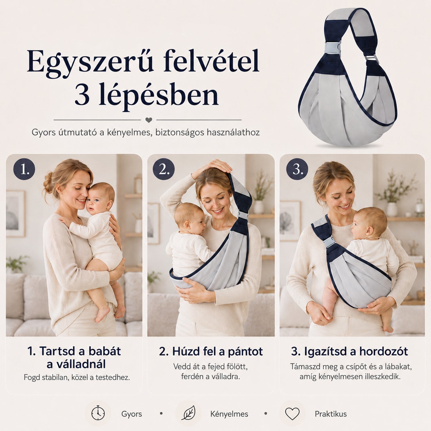 baba hordozókendő, háromlépéses felvételi útmutató