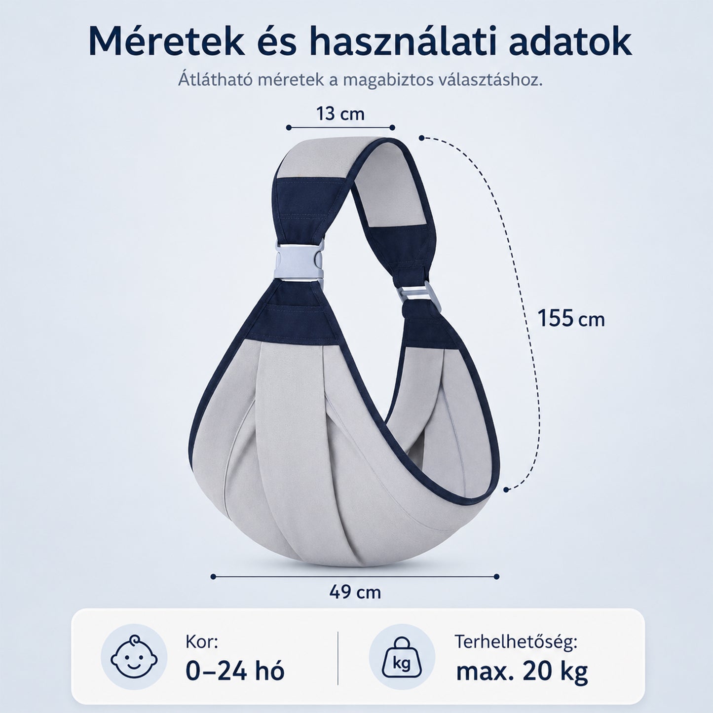 baba hordozókendő, 49 cm alap és 155 cm vállpánt méretadatokkal
