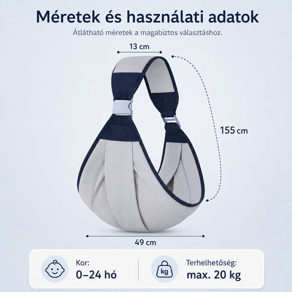 baba hordozókendő, 49 cm alap és 155 cm vállpánt méretadatokkal