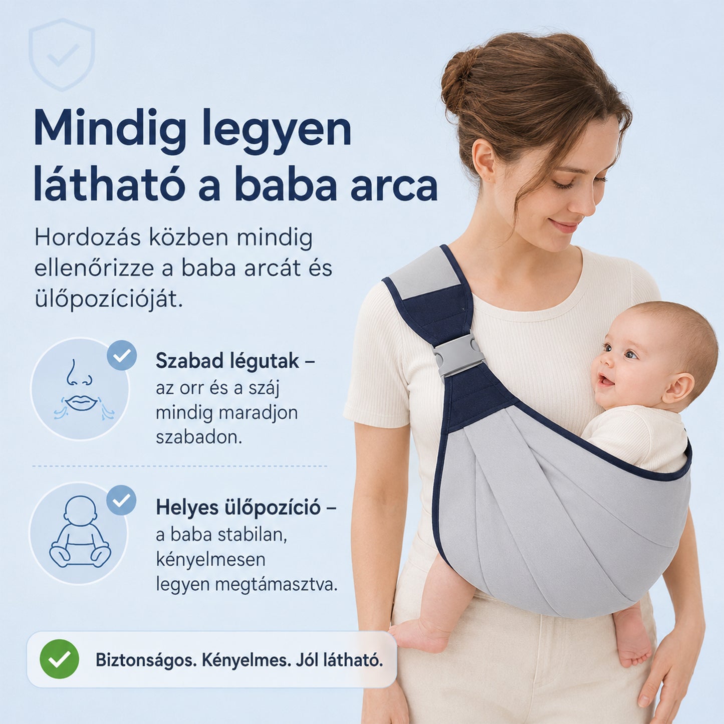 baba hordozókendő, baba arcát szabadon hagyó helyes hordozási pozíció