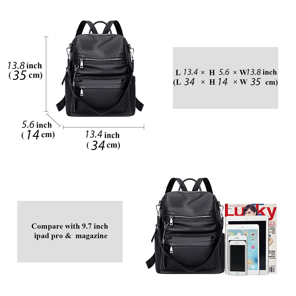 fekete retro női műbőr hátizsák méretábrán, 34 x 14 x 35 cm jelöléssel