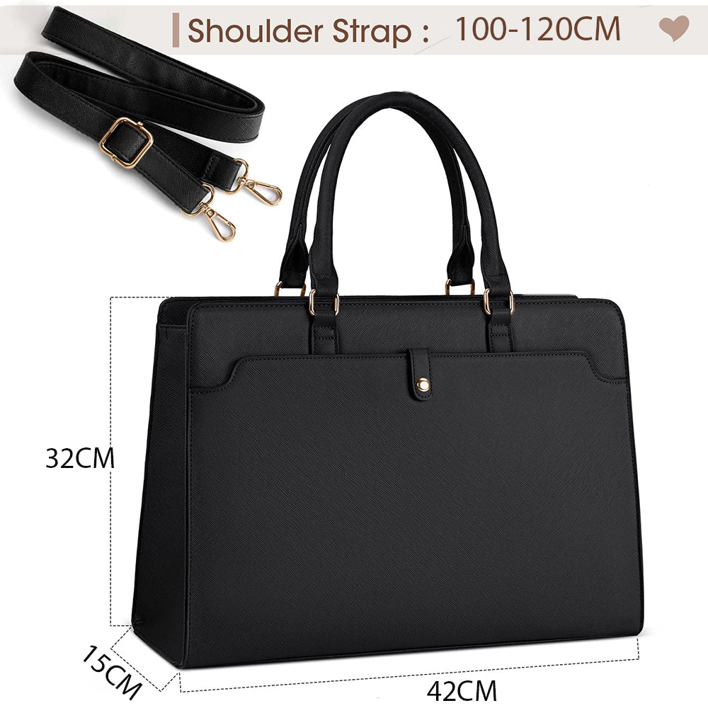 fekete női laptoptáska méretábrán, 42 x 32 x 15 cm és 100-120 cm vállpánt