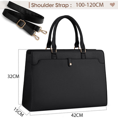 fekete női laptoptáska méretábrán, 42 x 32 x 15 cm és 100-120 cm vállpánt