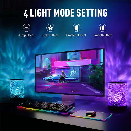 RGB kristály asztali lámpa, négy fénymóddal gamer asztali jelenetben