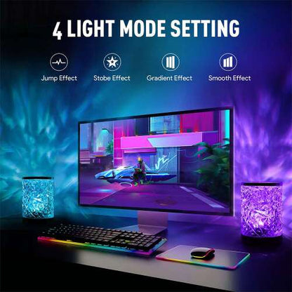 RGB kristály asztali lámpa, négy fénymóddal gamer asztali jelenetben