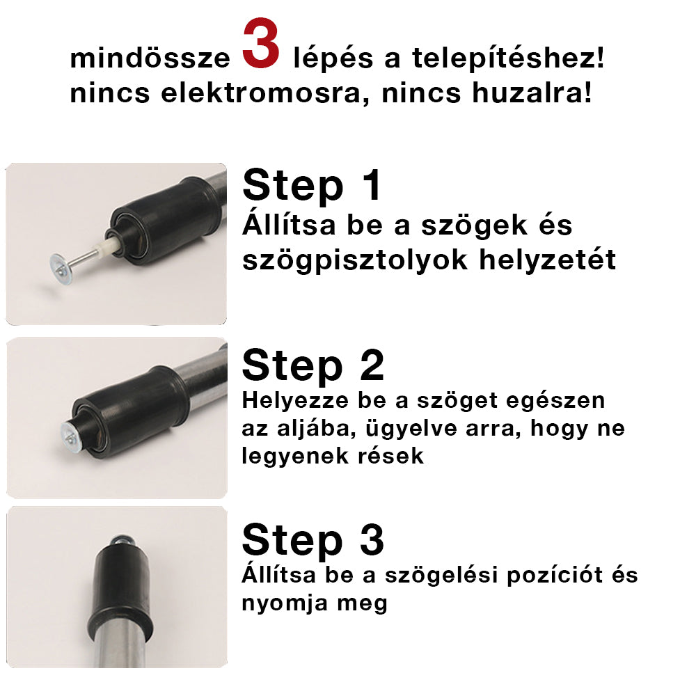 kézi szögbelövő pisztoly, háromlépéses telepítési útmutatóval