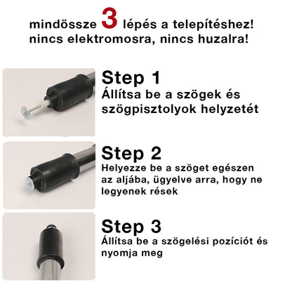 kézi szögbelövő pisztoly, háromlépéses telepítési útmutatóval