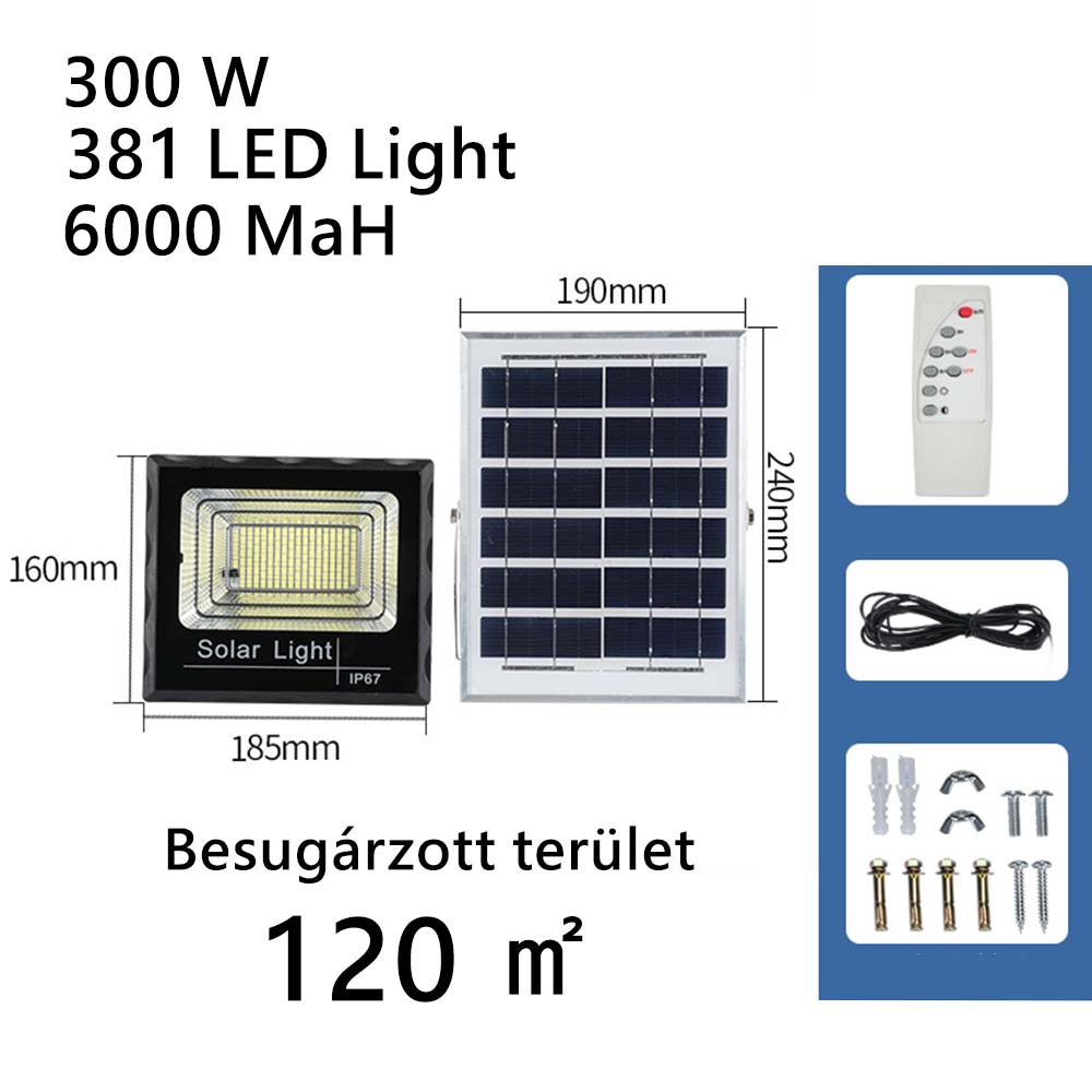 napelemes kültéri fali lámpa, 300 W, 381 LED és 120 m2 besugárzott terület adataival