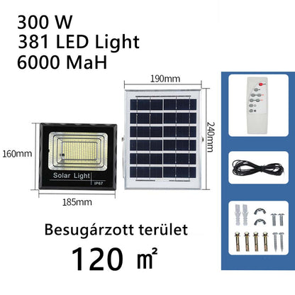 napelemes kültéri fali lámpa, 300 W, 381 LED és 120 m2 besugárzott terület adataival