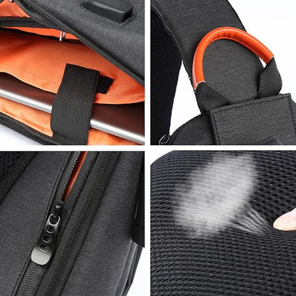 szürke-fekete USB sport sling táska közeli részletkollázson, cipzárral és légáteresztő szövettel