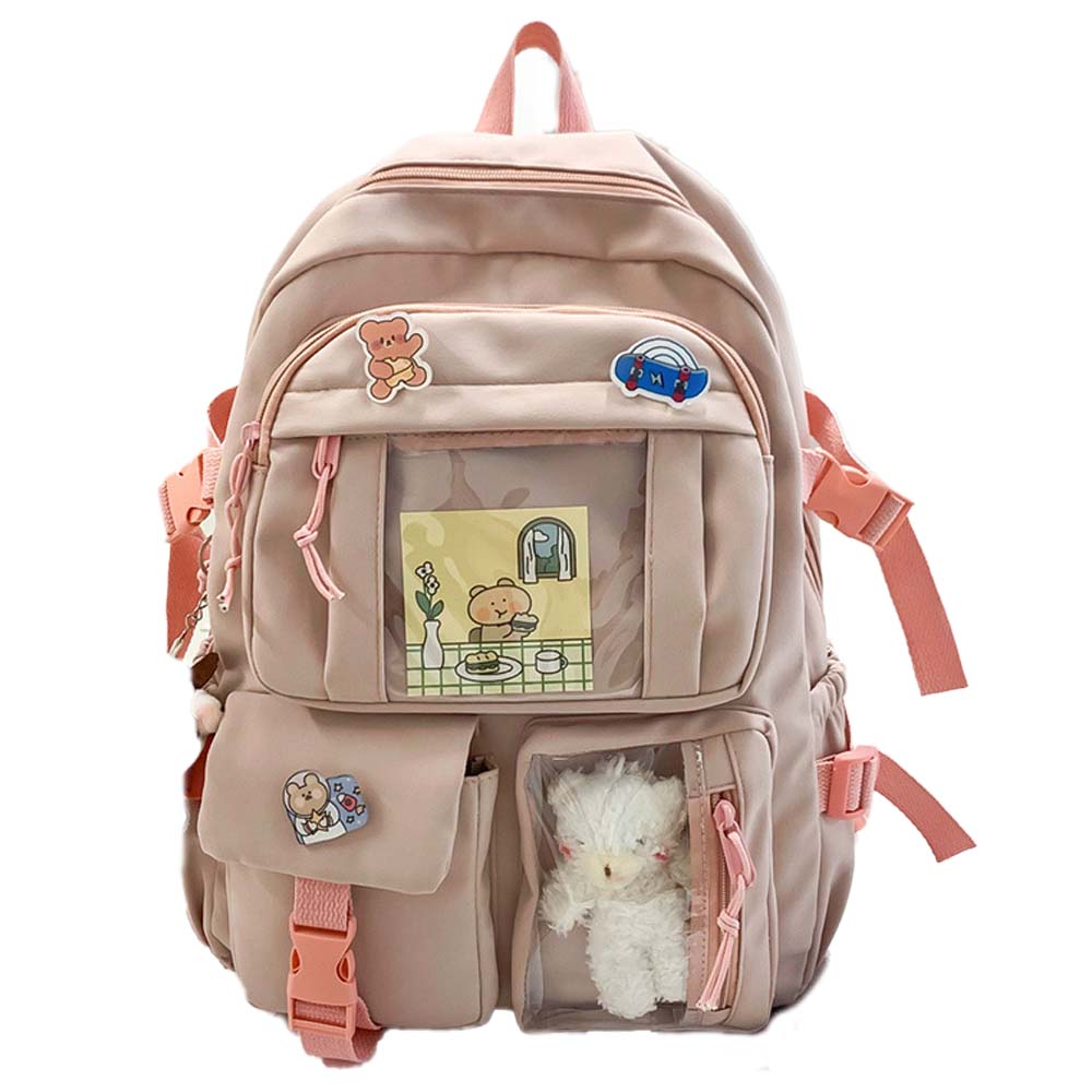 Dollcini rózsaszín iskolai laptop hátizsák, átlátszó elülső zsebbel és plüss díszzel