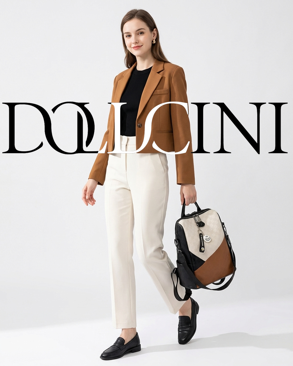 krém-fekete-barna női műbőr hátizsák modellen, kézben tartott városi viseleti képen