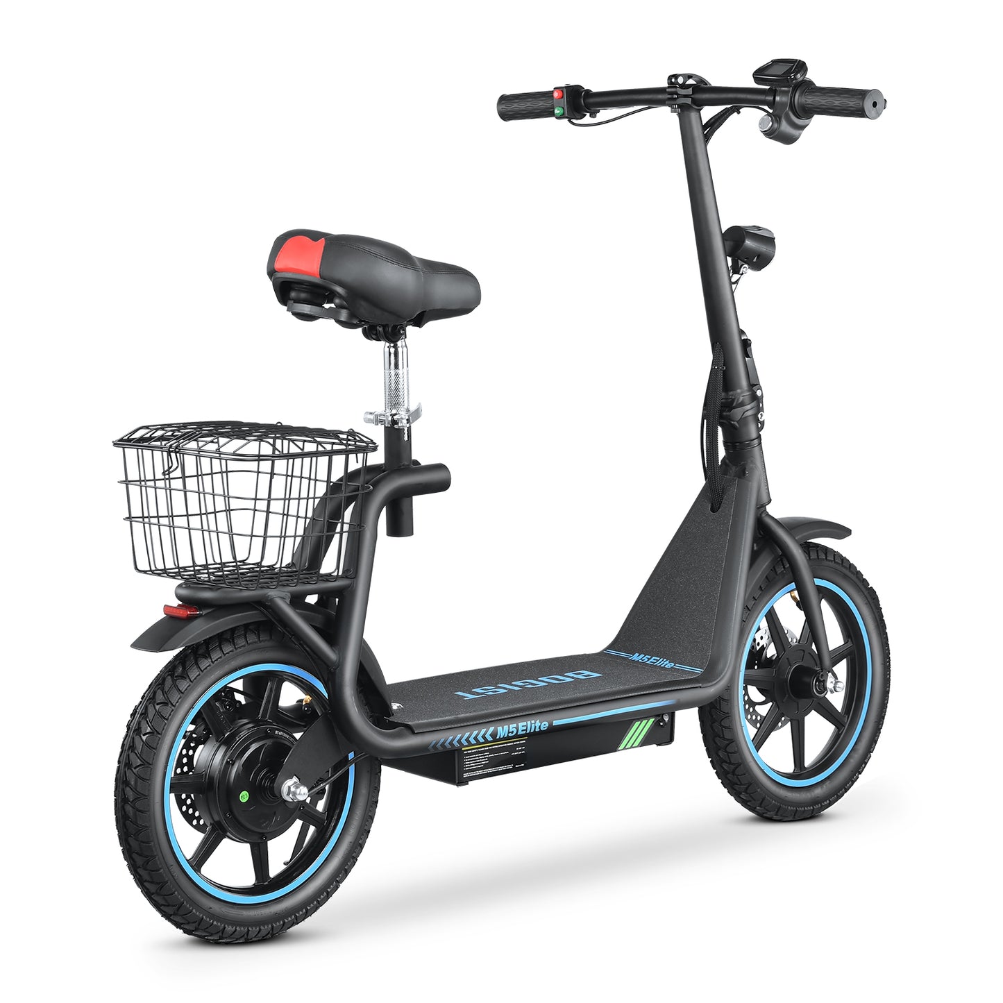 Bogist M5 Elite elektromos roller, háromnegyedes elölnézetben hátsó kosárral