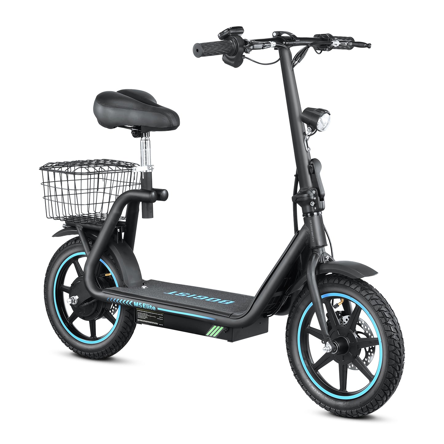 Bogist M5 Elite elektromos roller, oldalnézetben kosárral, nyereggel és első lámpával