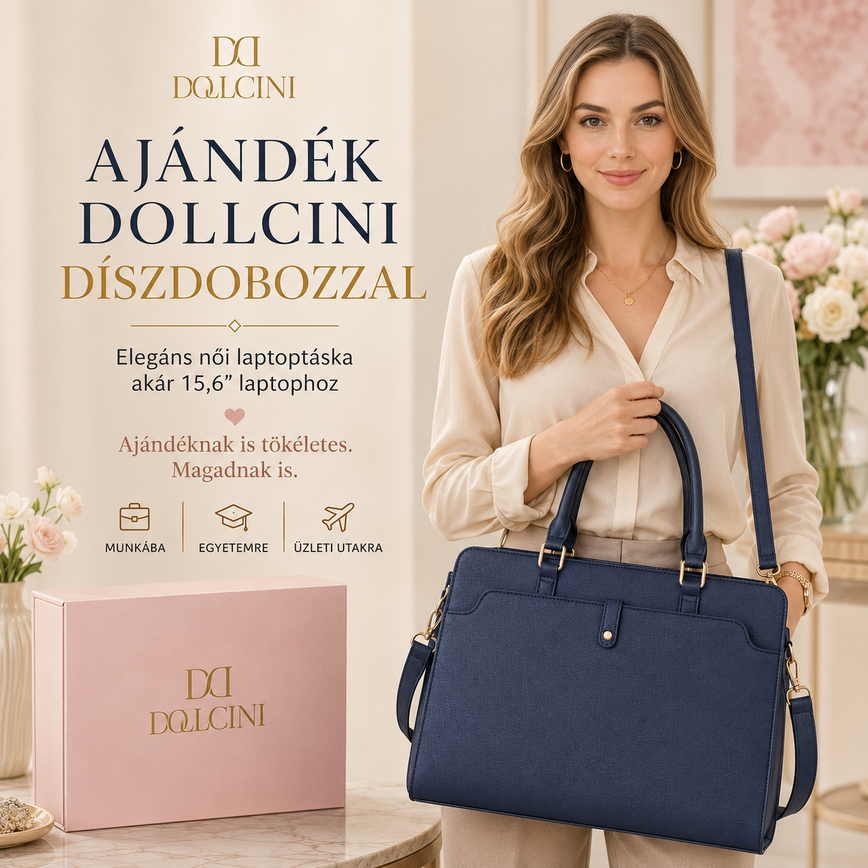 Dollcini Női Laptoptáska 15,6” – Elegáns Fekete Munkatáska, Továbbfejlesztett- lopásgátló zsebbel + kulcstartóval