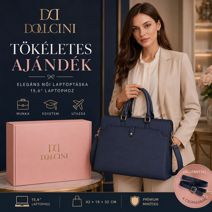 Dollcini Női Laptoptáska 15,6” – Elegáns Fekete Munkatáska, Továbbfejlesztett- lopásgátló zsebbel + kulcstartóval