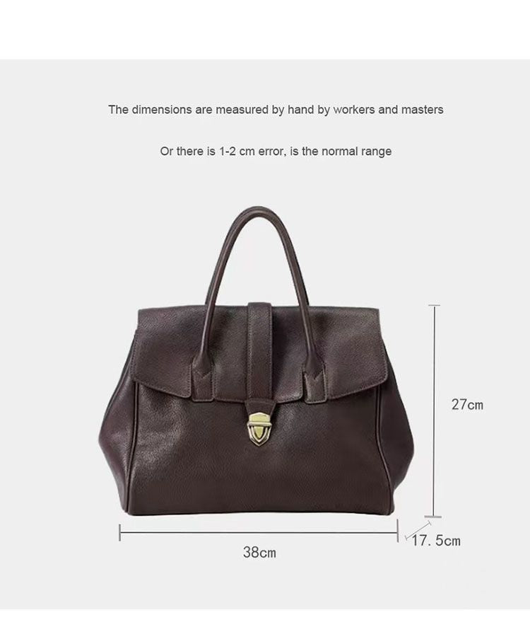 sötétbarna női műbőr tote kézitáska méretábrán 38 x 27 x 17,5 cm jelöléssel