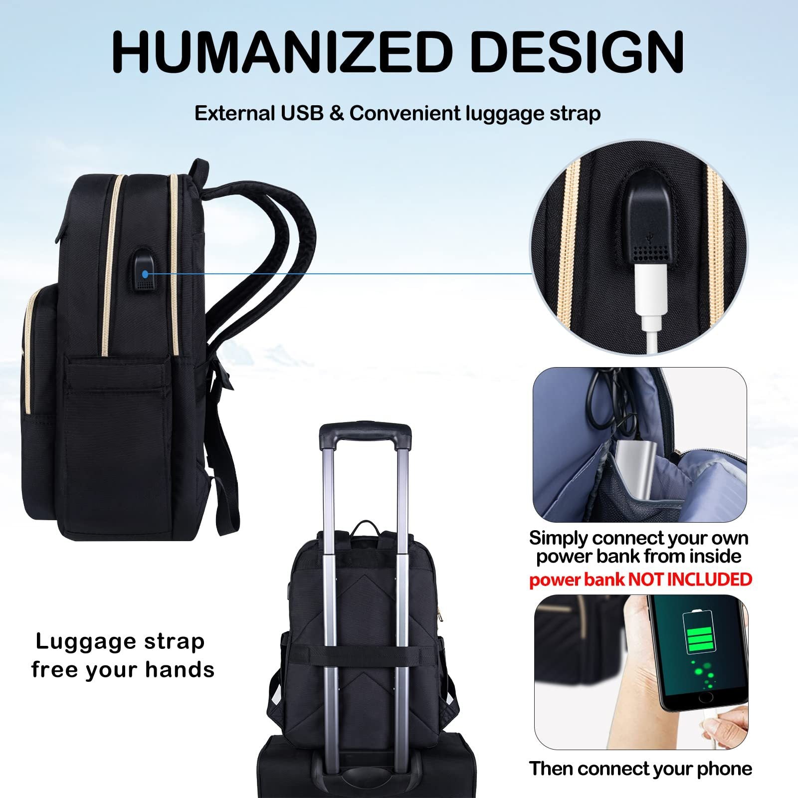 fekete női városi laptop hátizsák USB porttal és bőröndpánttal infografikán