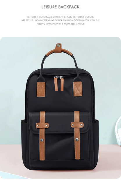 fekete bővíthető unisex laptop hátizsák termékposzteren, barna pántdíszekkel