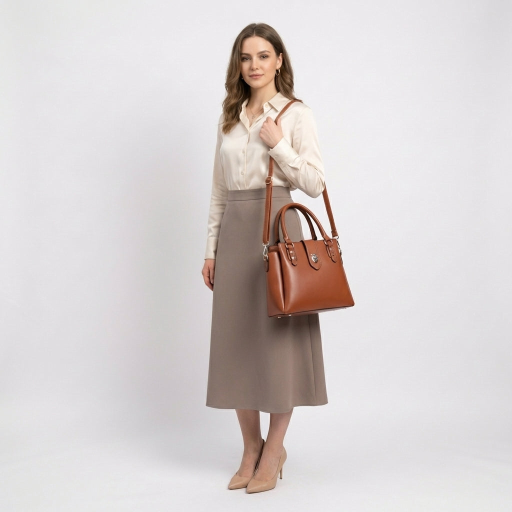 barna női műbőr kézitáska modellen kézben tartva elegáns viselethez