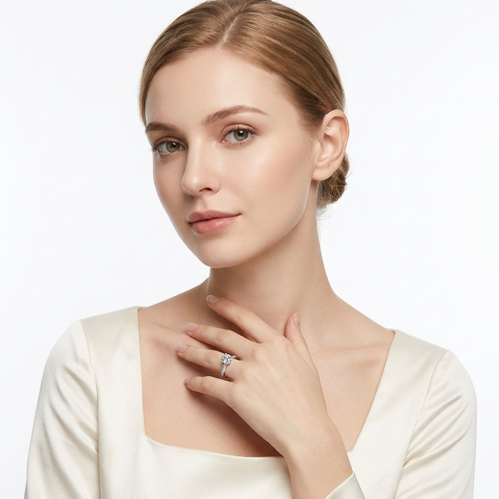 ezüst hatkarmos moissanite gyűrű fényes részletképen