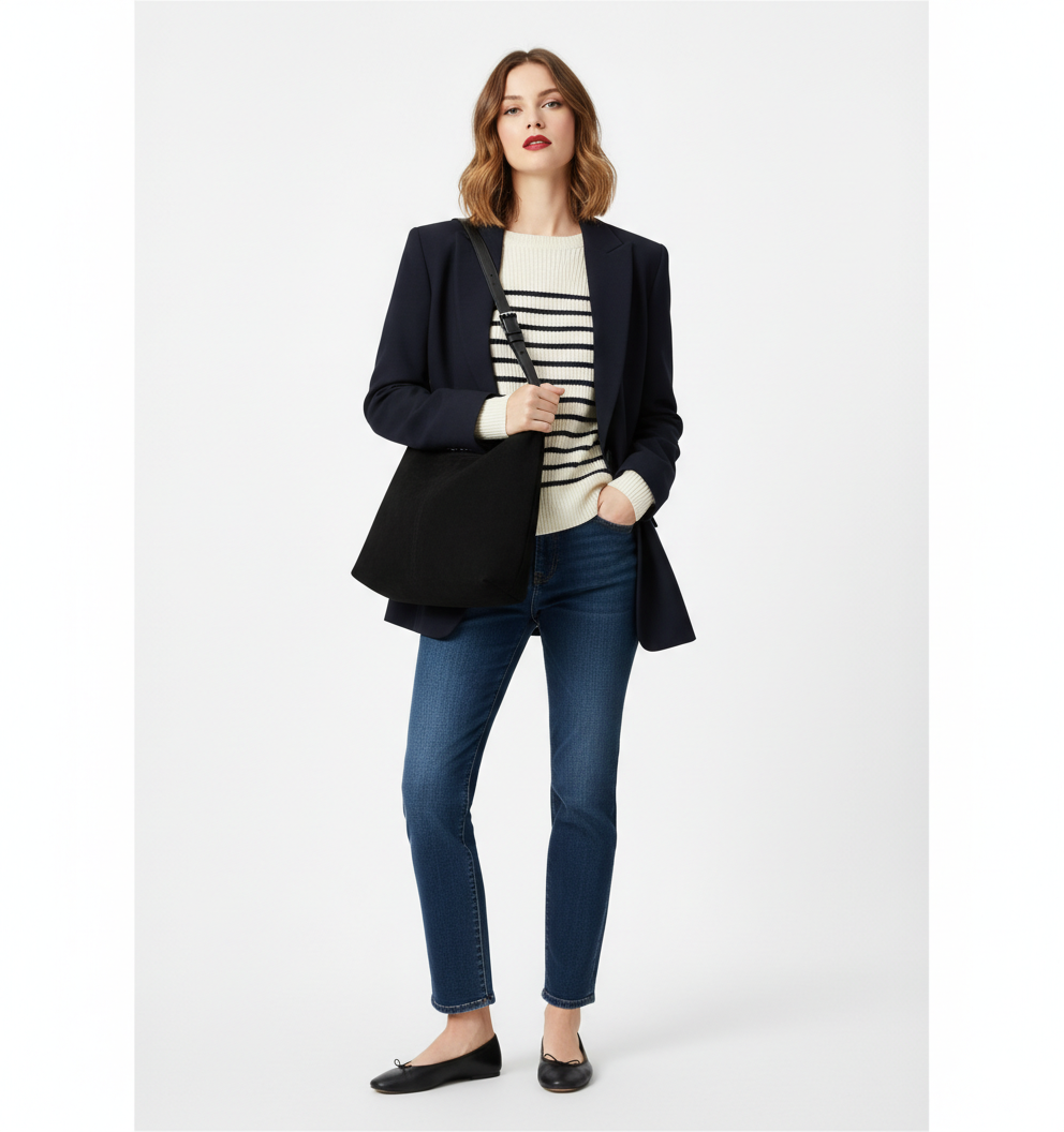 fekete nagy méretű női hobo válltáska modellen, városi outfitben