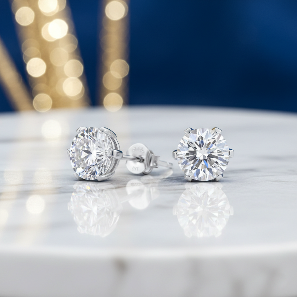 fülbevaló, ezüst, moissanite kővel, 925 ezüst részlettel, viselési nézetben