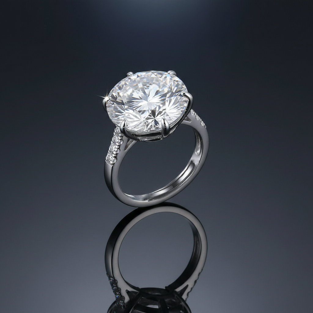 moissanite gyűrű fekete fényes háttéren, tükröződő termékképen