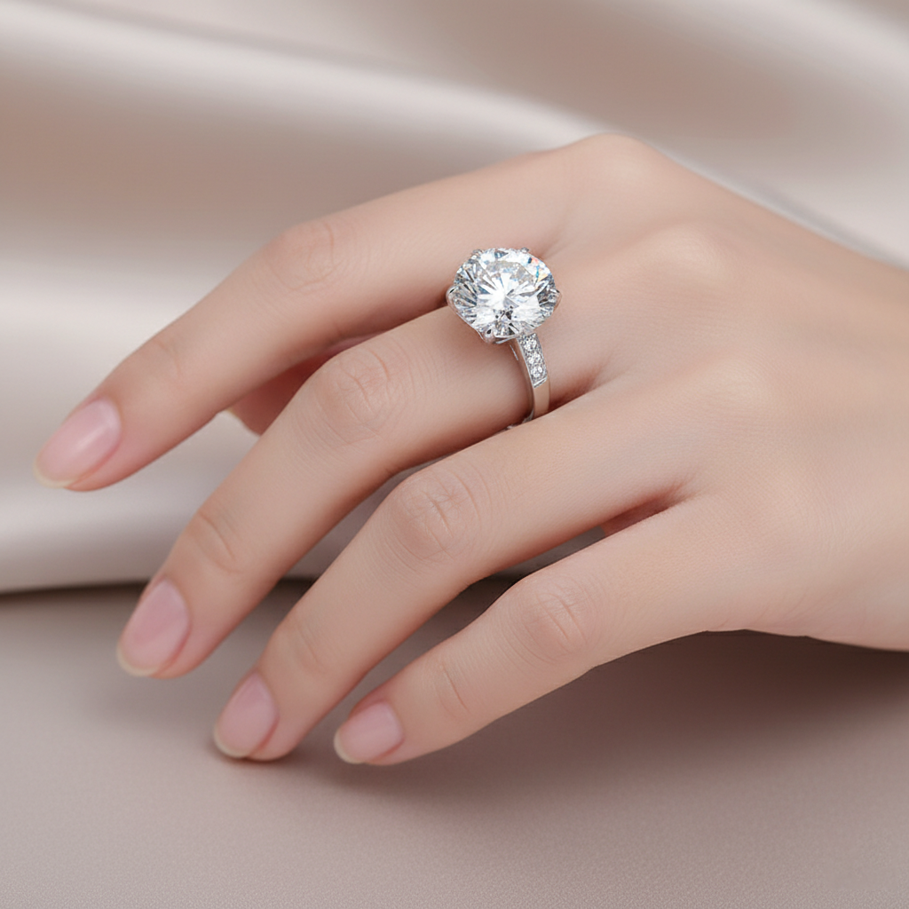 moissanite gyűrű kézfejen, bézs szatén háttérrel