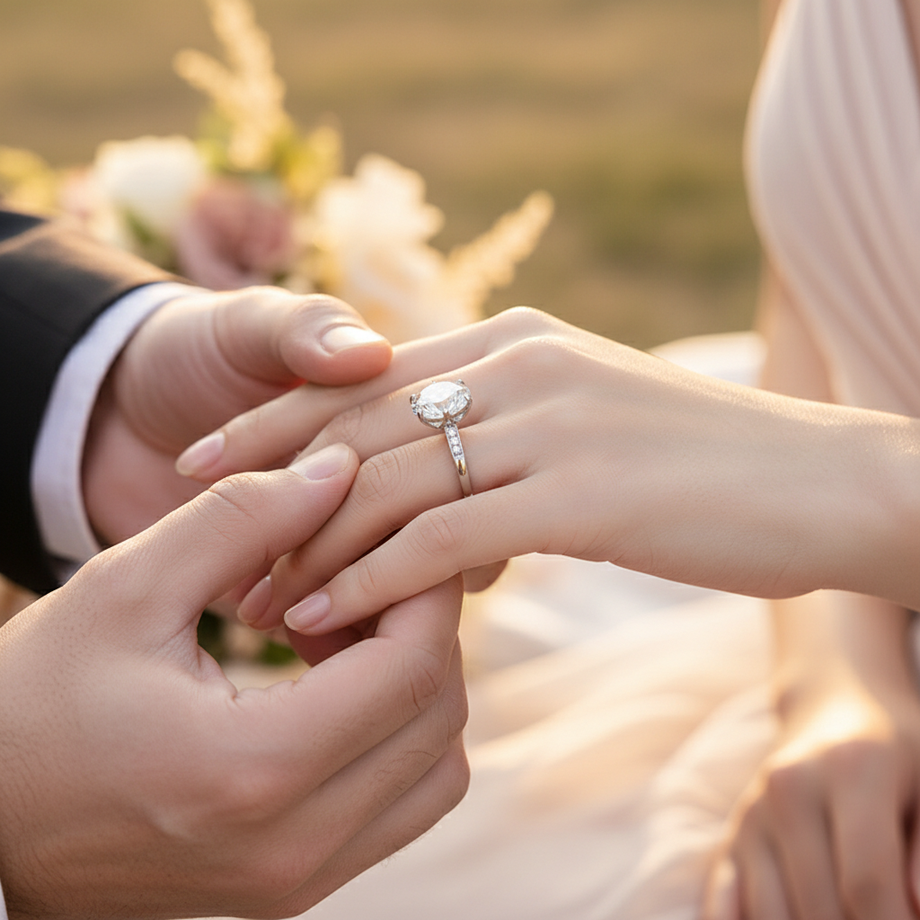 moissanite gyűrű ajándékozási jelenetben, kézen felpróbálva