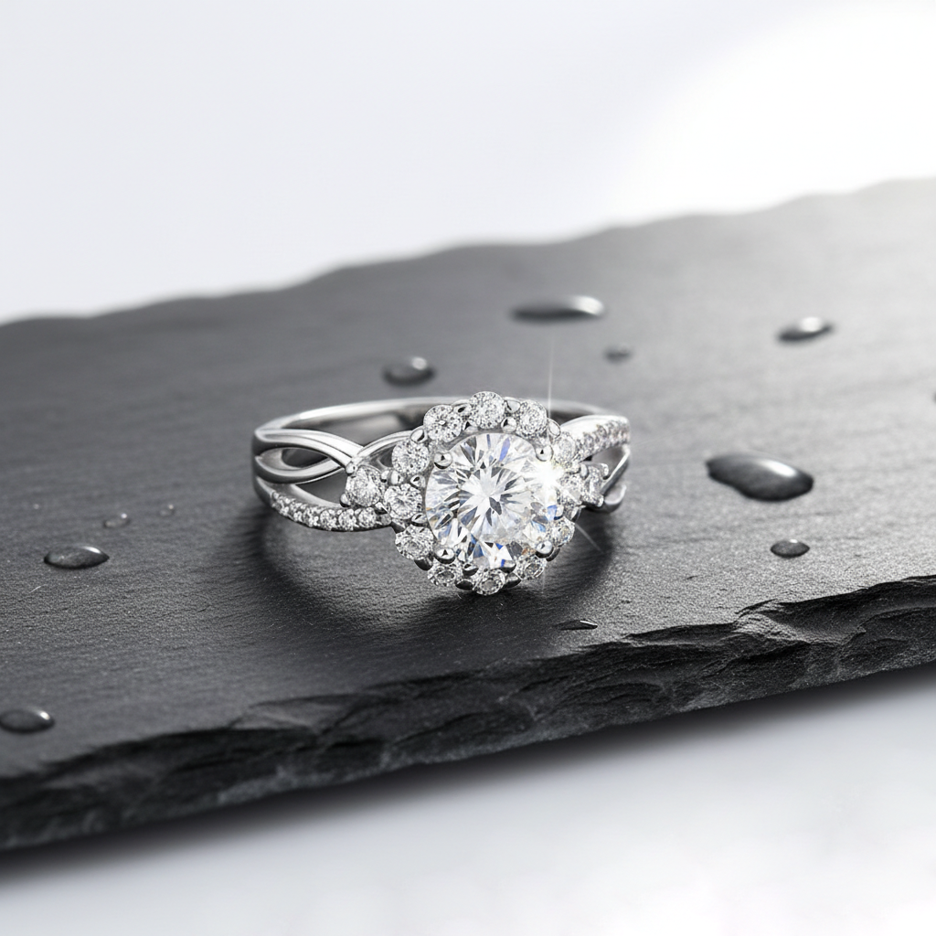 gyűrű, ezüst, moissanite kővel, 925 ezüst részlettel, ajándékhoz bemutatva