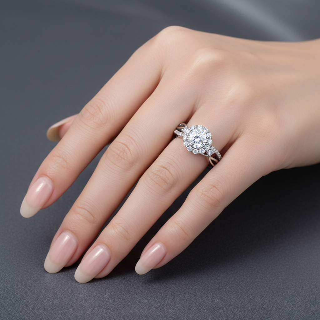 gyűrű, ezüst, moissanite kővel, 925 ezüst részlettel, viselési nézetben
