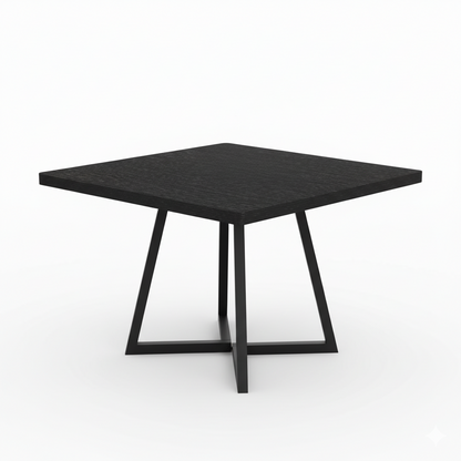 modern 80 x 80 cm étkezőasztal, fekete négyzetes lappal és fekete fém lábakkal