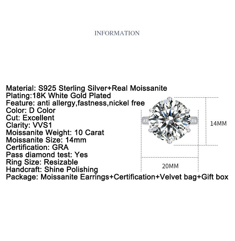 moissanite gyűrű specifikációs információs lap, 14 mm kőmérettel