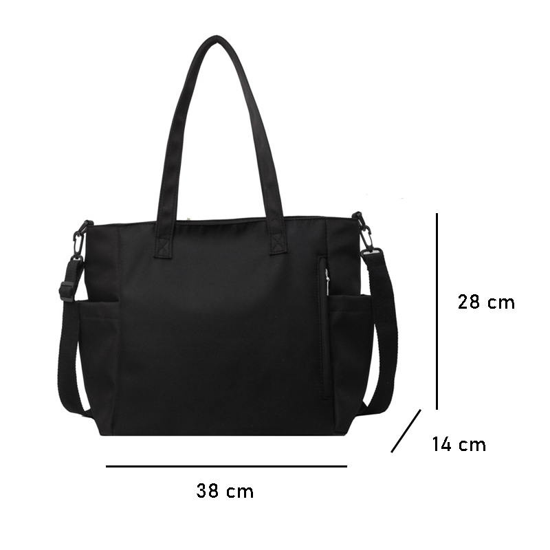 fekete nagyméretű textil tote táska méretábrán 38 x 14 x 28 cm jelöléssel